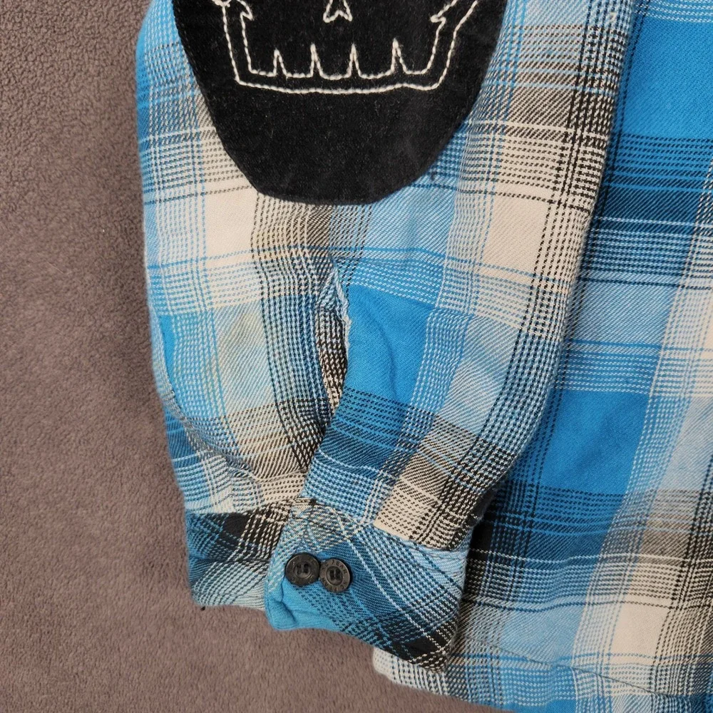Vintage No Fear Hooded Flannel Shirt Jacket Boys Medium Plaid Skull Elbow Patch